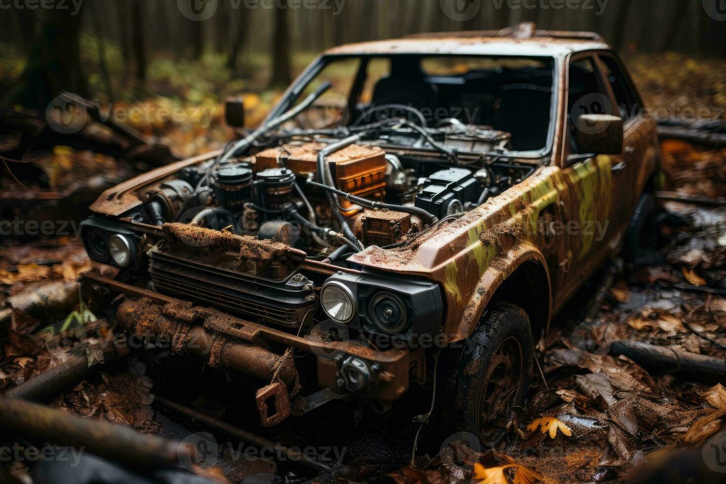 inside rusty car hood engine professional advertising photography AI Generated photo