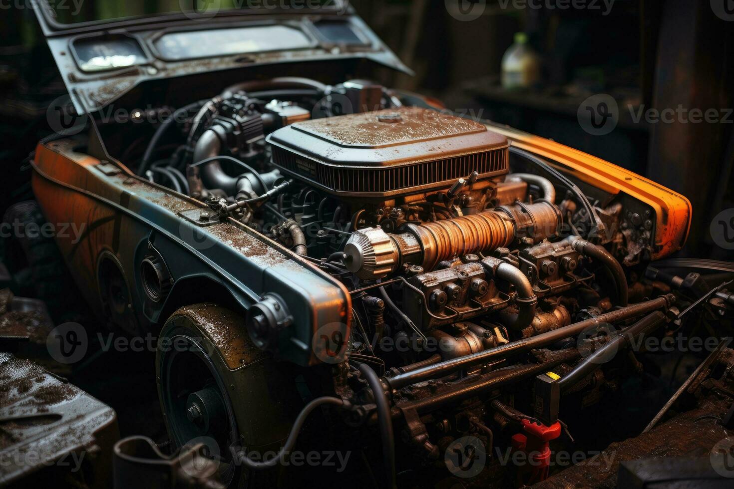 inside rusty car hood engine professional advertising photography AI Generated photo