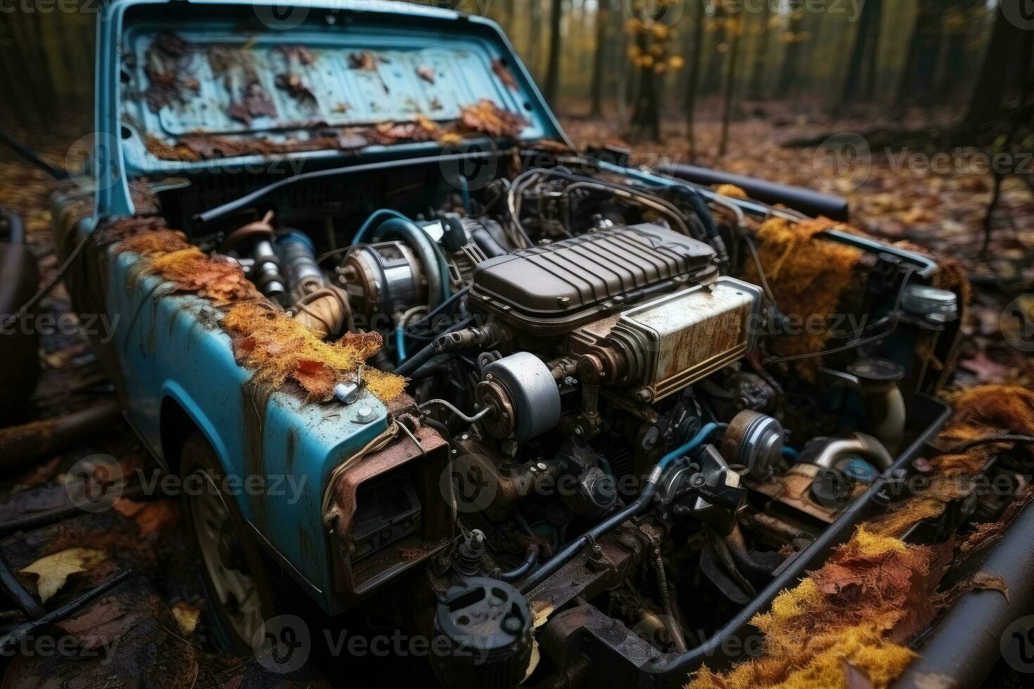 inside rusty car hood engine professional advertising photography AI Generated photo