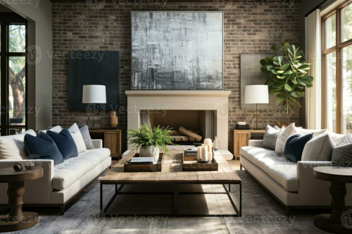 living room modern painted brick fireplace professional advertising photography AI Generated photo