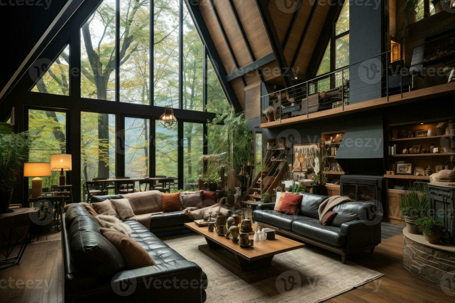 living room with tall vaulted ceiling fireplace professional advertising photography AI Generated photo