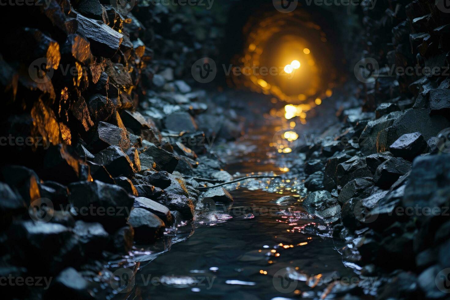 dark mine tunnels where crystals appear on the surface professional advertising photography AI Generated photo