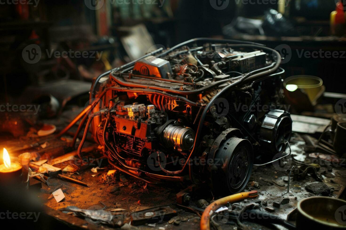 inside damage car hood engine professional advertising photography AI Generated photo