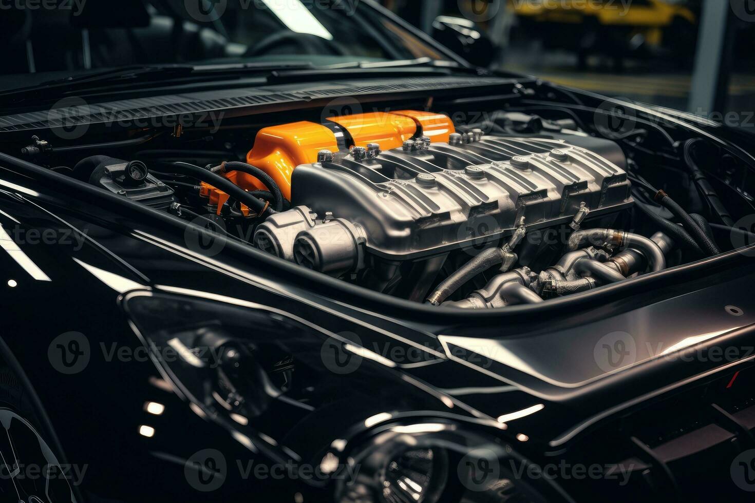 inside modern car hood engine professional advertising photography AI Generated photo