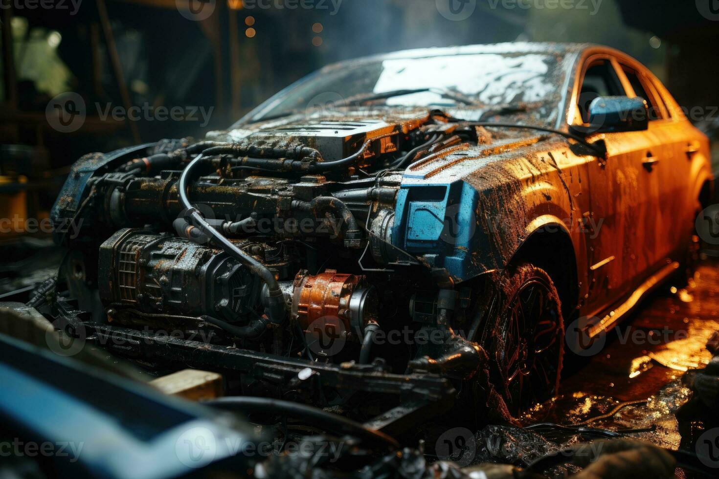 inside damage car hood engine professional advertising photography AI Generated photo