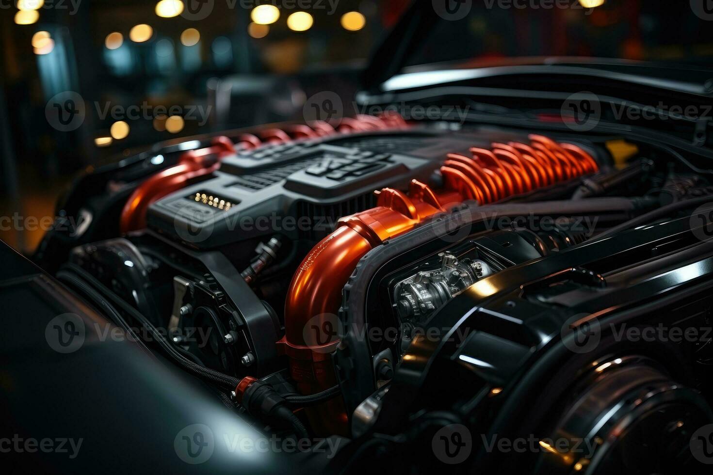 inside modern car hood engine professional advertising photography AI Generated photo