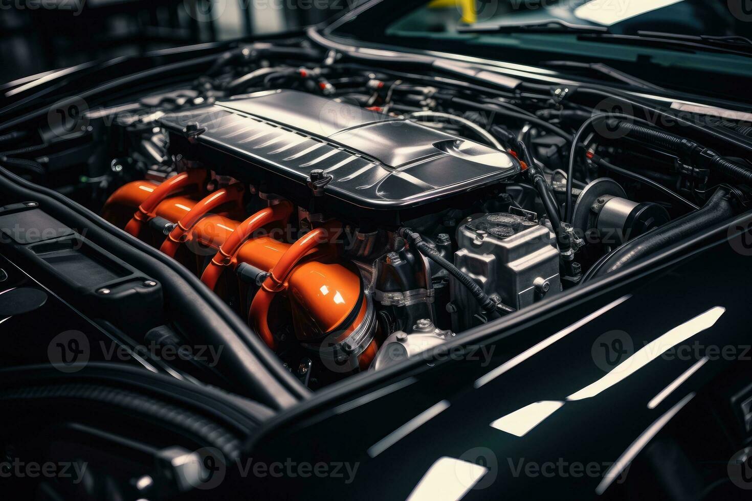 inside modern car hood engine professional advertising photography AI Generated photo