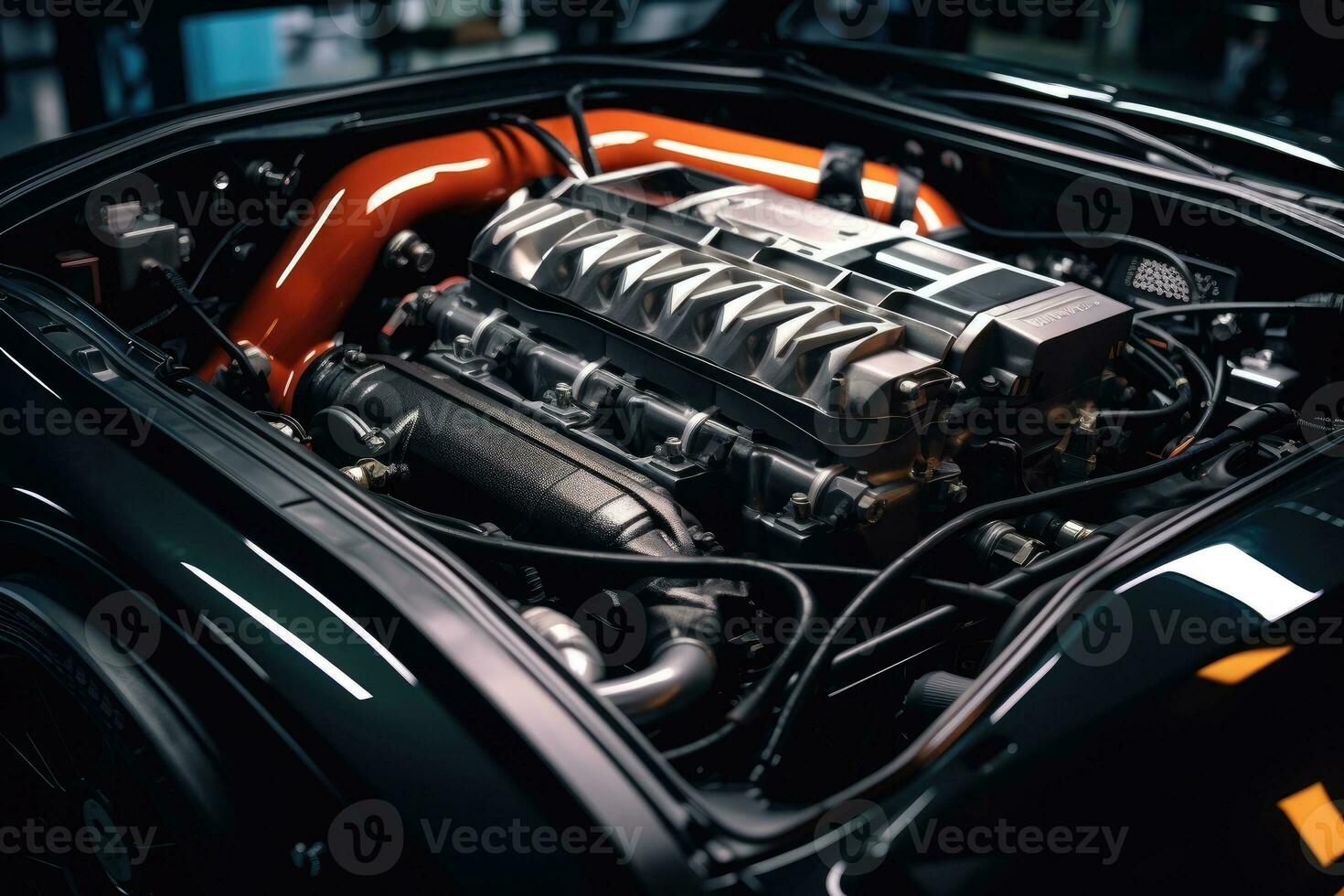 inside modern car hood engine professional advertising photography AI Generated photo