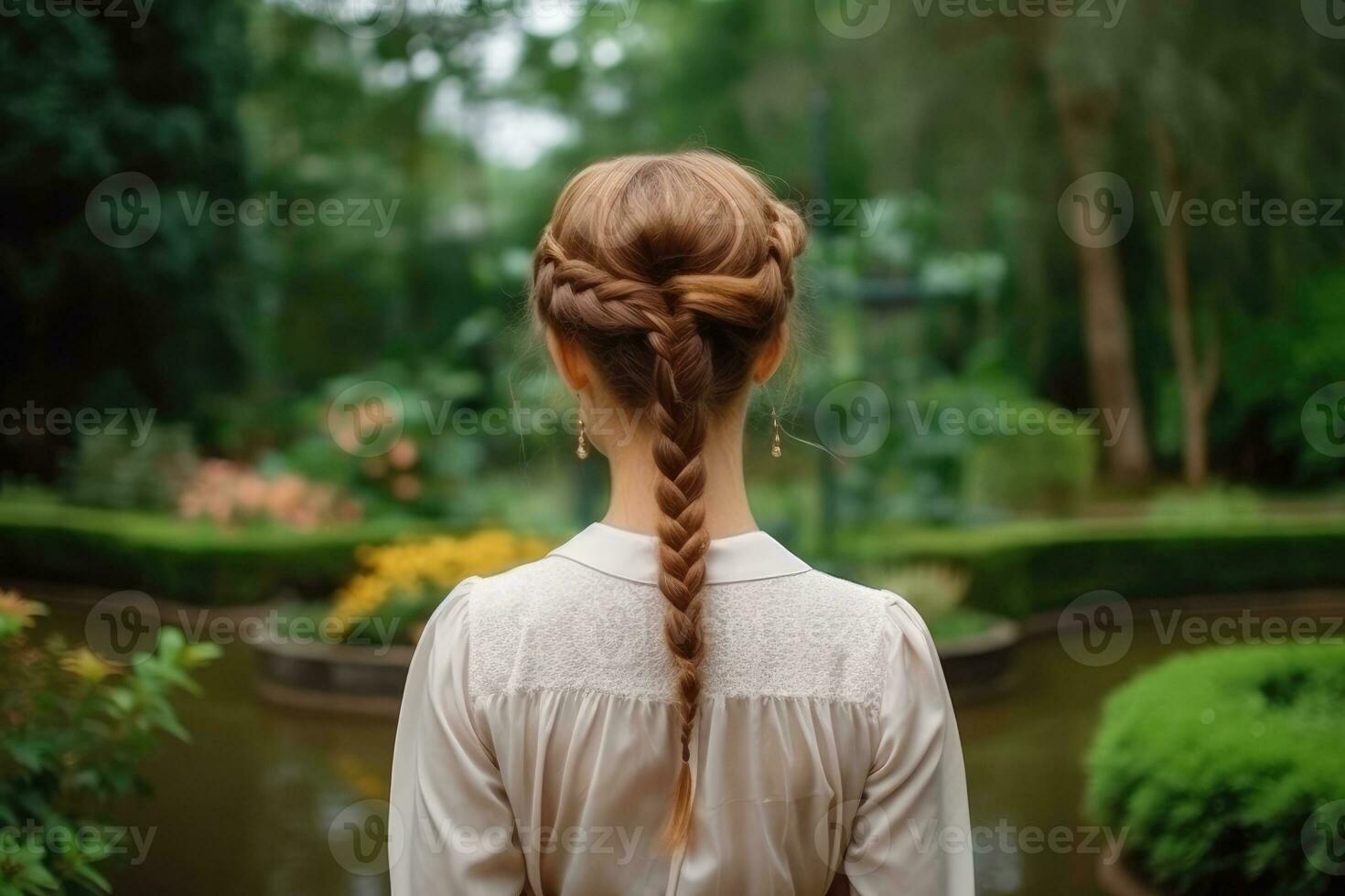 women french braid hairstyle look from back professional advertising photography AI Generated photo