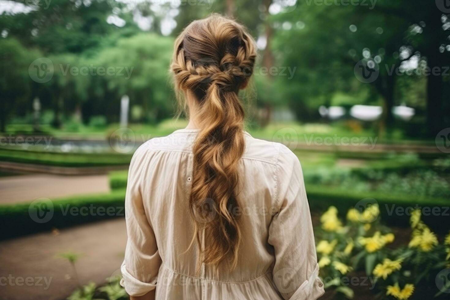 women french braid hairstyle look from back professional advertising photography AI Generated photo
