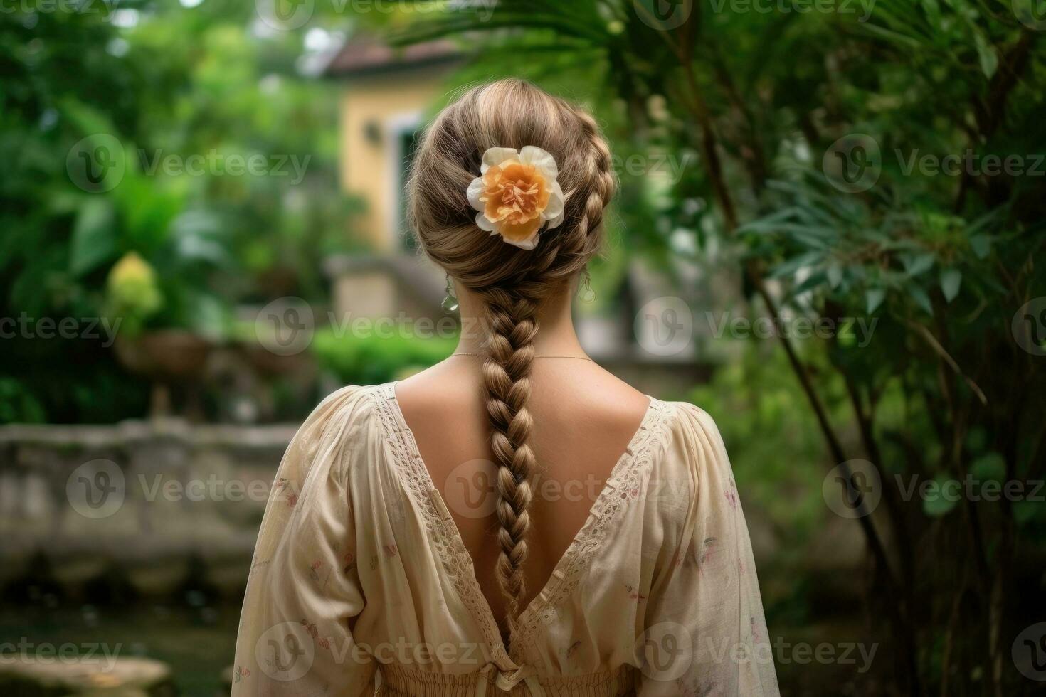 mujer francés trenza peinado Mira desde espalda profesional publicidad fotografía ai generado foto