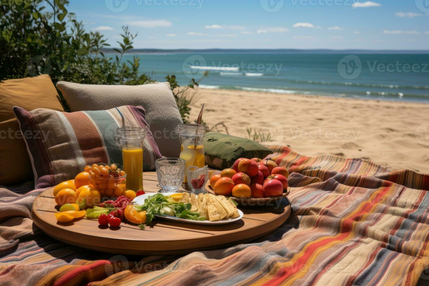 picnic on the carpet beach view professional advertising photography AI Generated photo