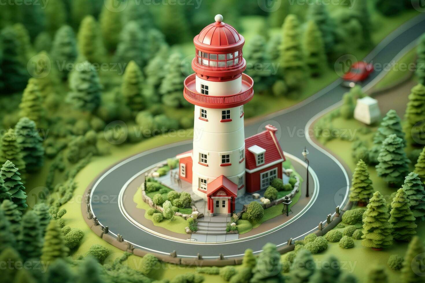 tiny cute isometric red white lighthouse soft smooth lighting AI Generated photo