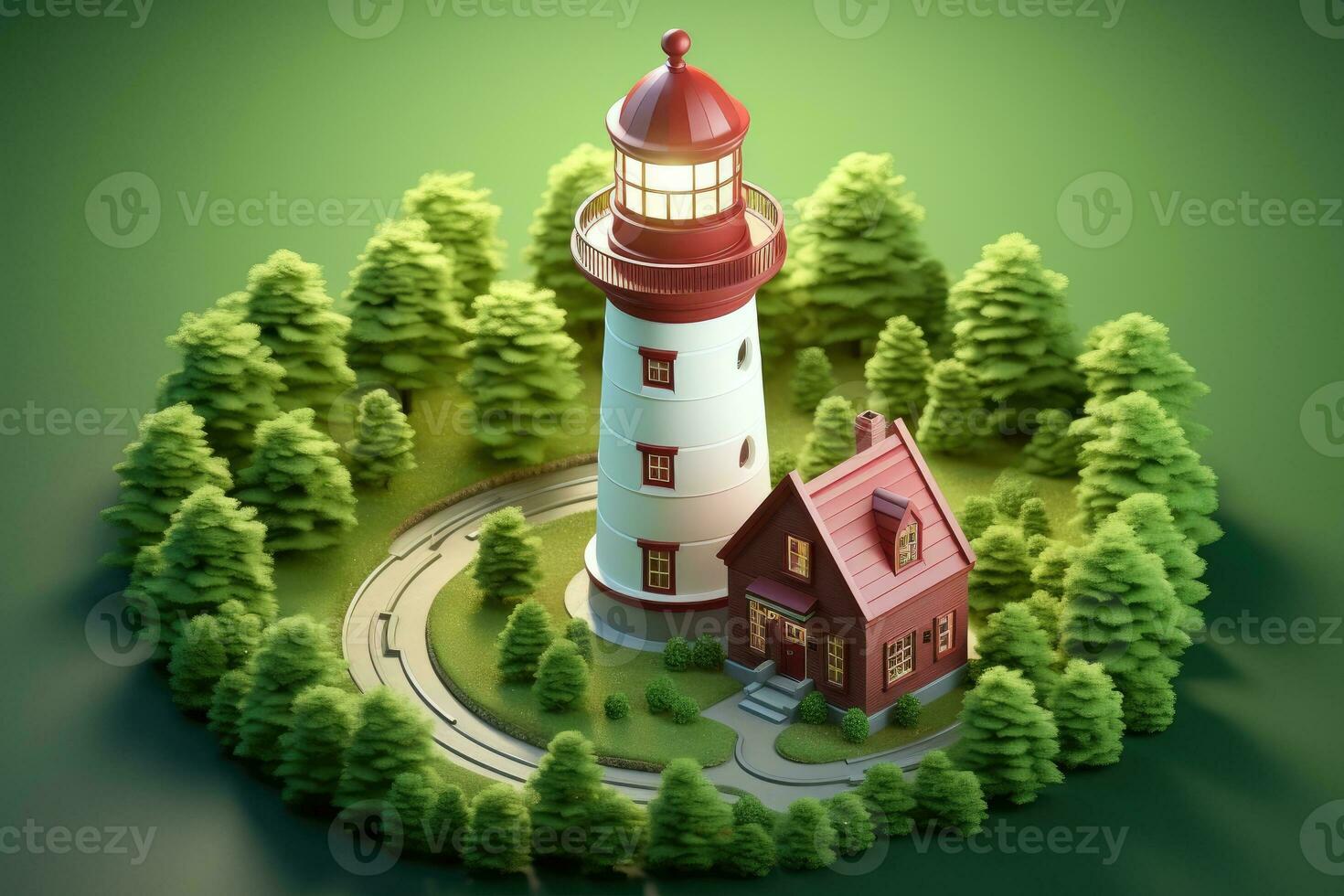 tiny cute isometric red white lighthouse soft smooth lighting AI Generated photo