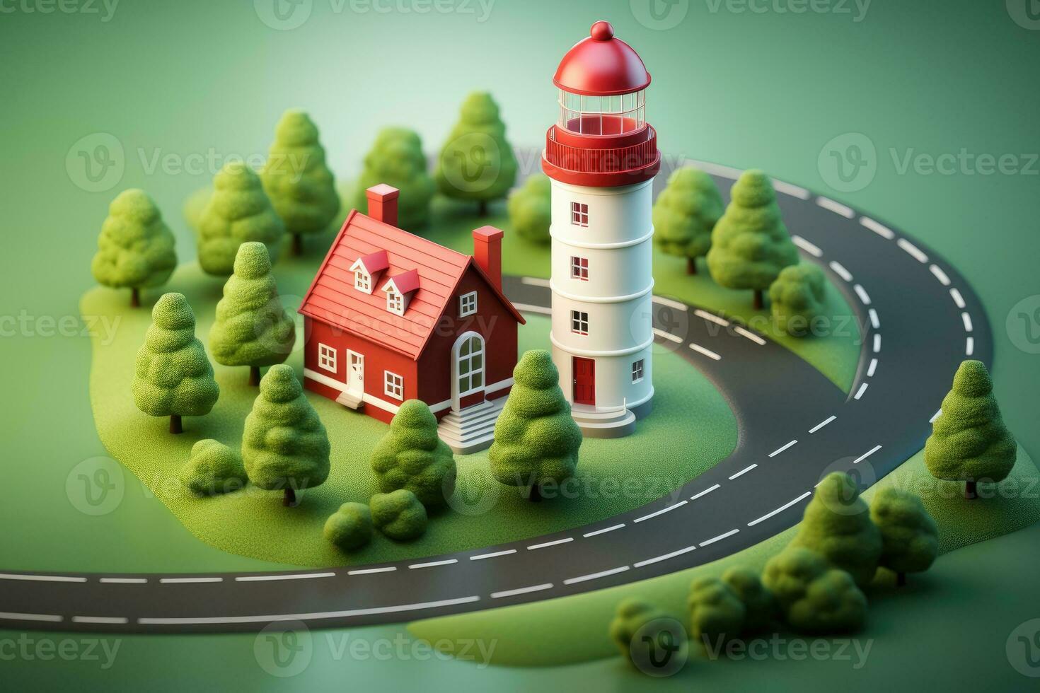 tiny cute isometric red white lighthouse soft smooth lighting AI Generated photo