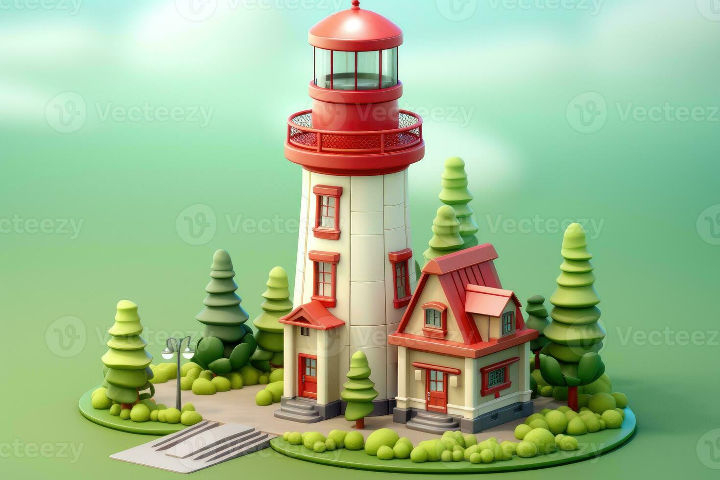 tiny cute isometric red white lighthouse soft smooth lighting AI Generated photo