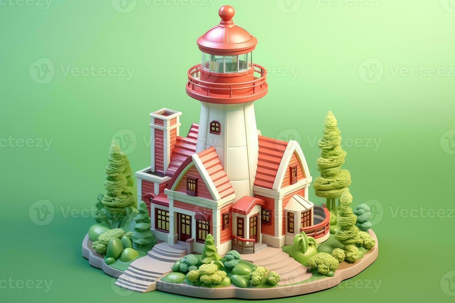 tiny cute isometric red white lighthouse soft smooth lighting AI Generated photo