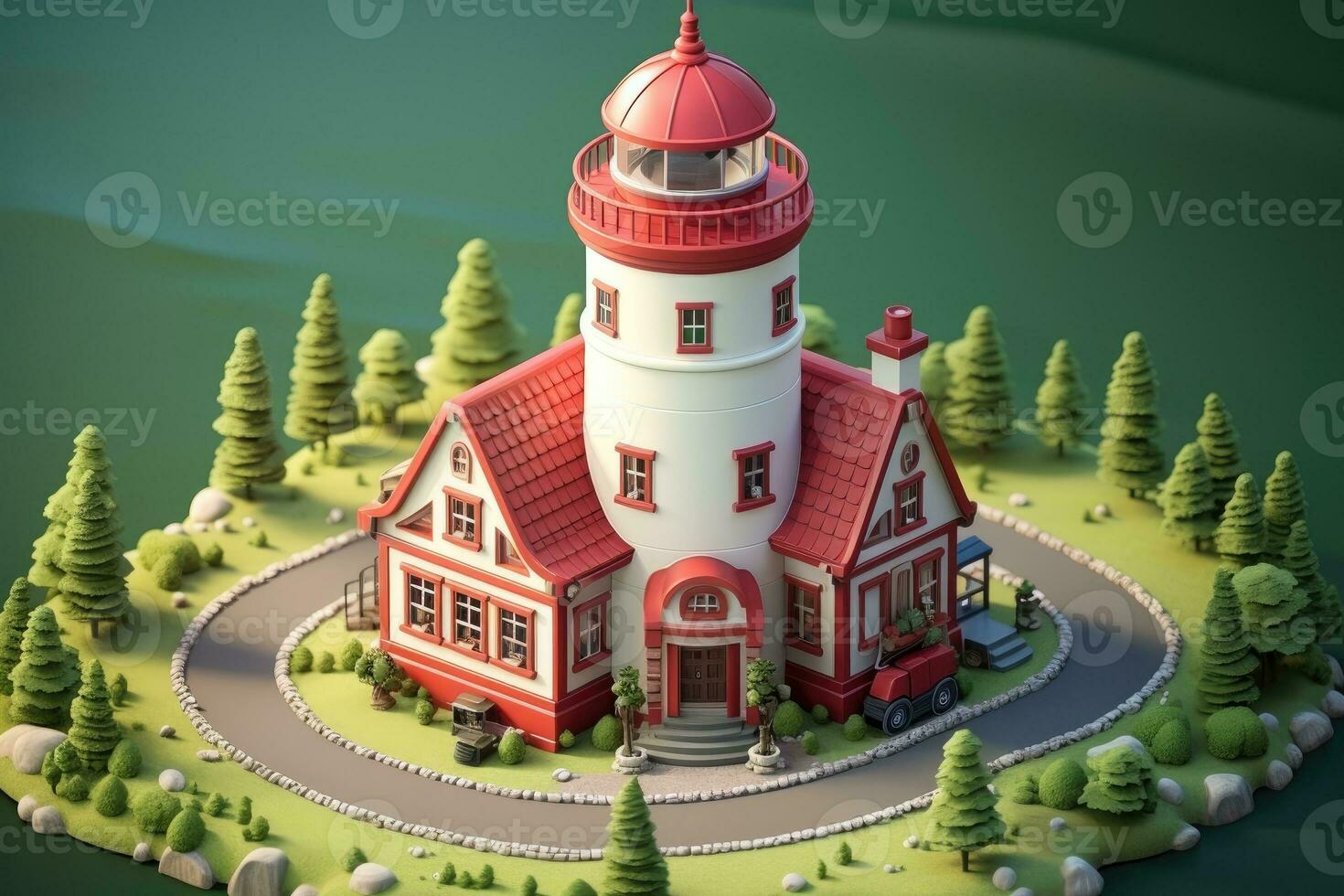 tiny cute isometric red white lighthouse soft smooth lighting AI Generated photo