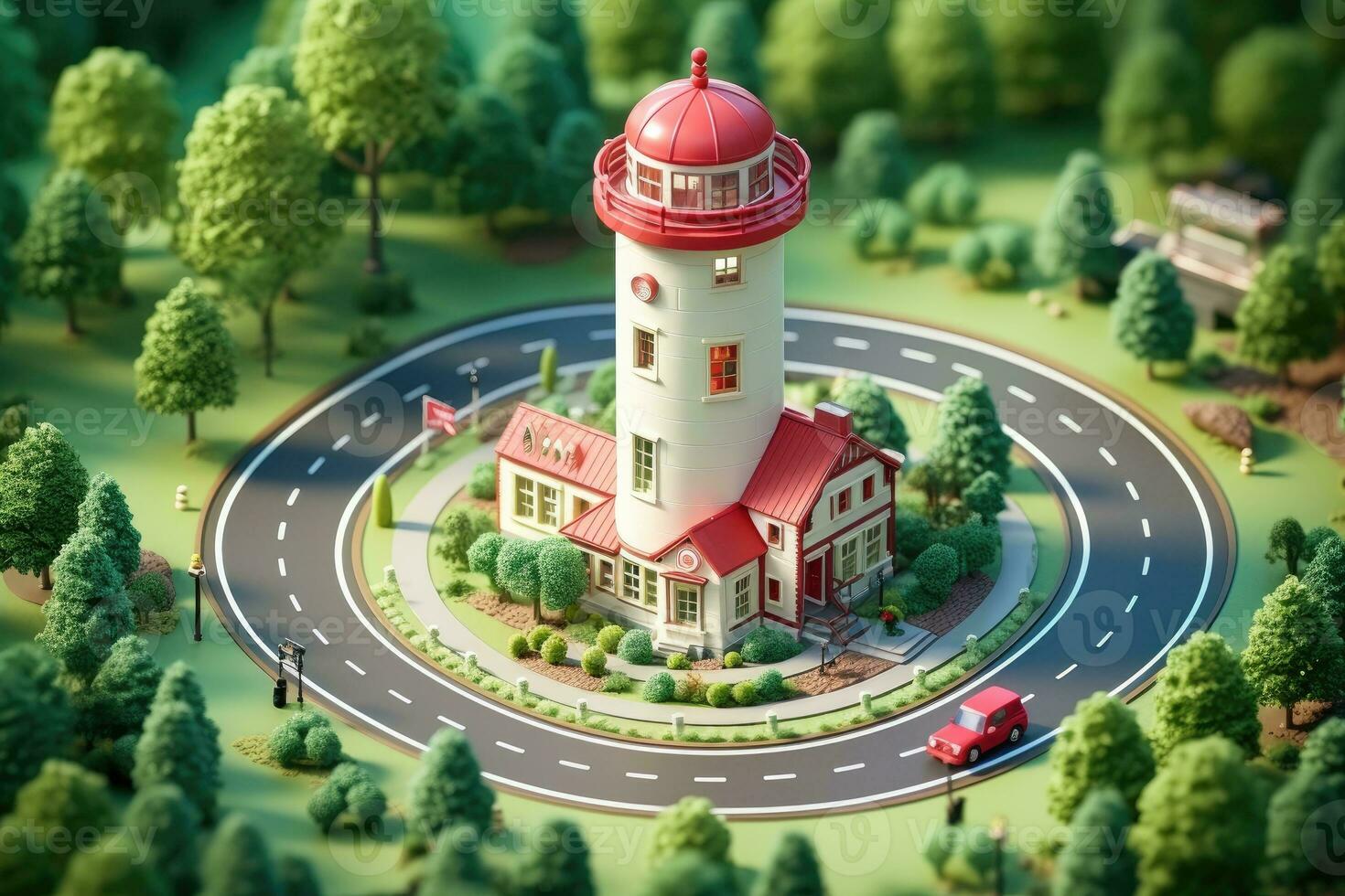 tiny cute isometric red white lighthouse soft smooth lighting AI Generated photo