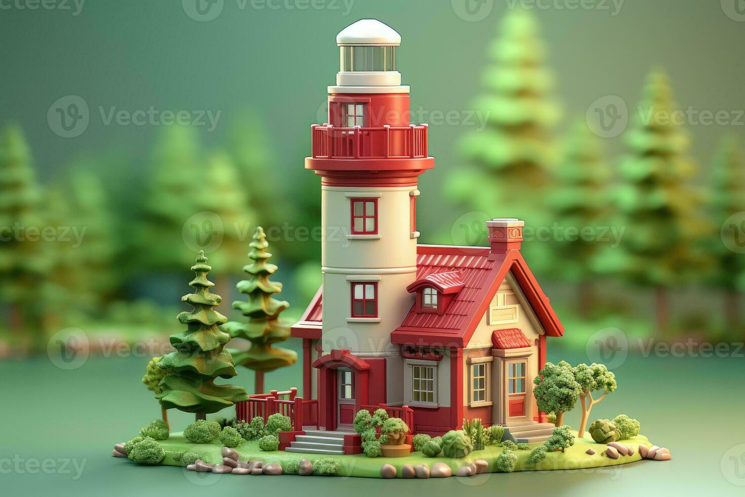 tiny cute isometric red white lighthouse soft smooth lighting AI Generated photo