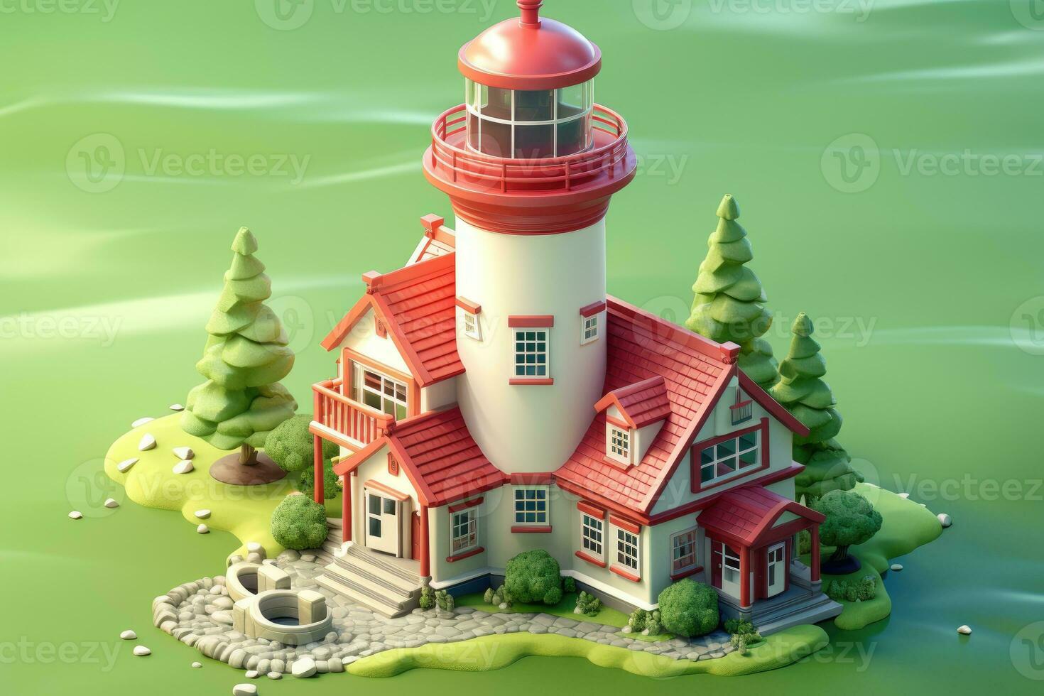 tiny cute isometric red white lighthouse soft smooth lighting AI Generated photo