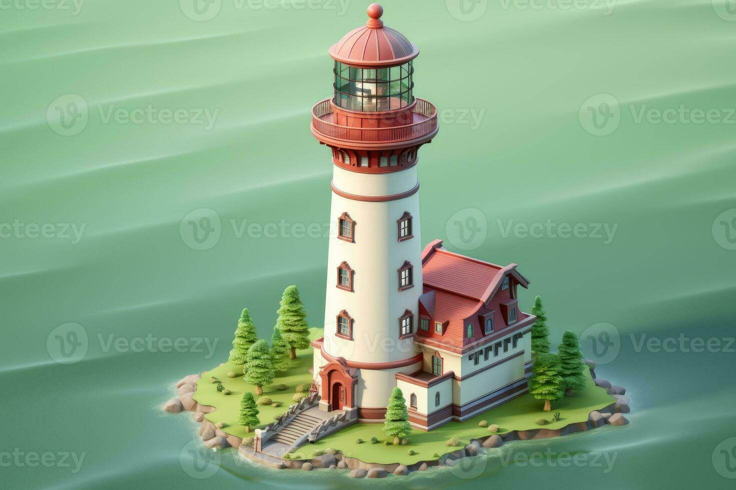 tiny cute isometric red white lighthouse soft smooth lighting AI Generated photo