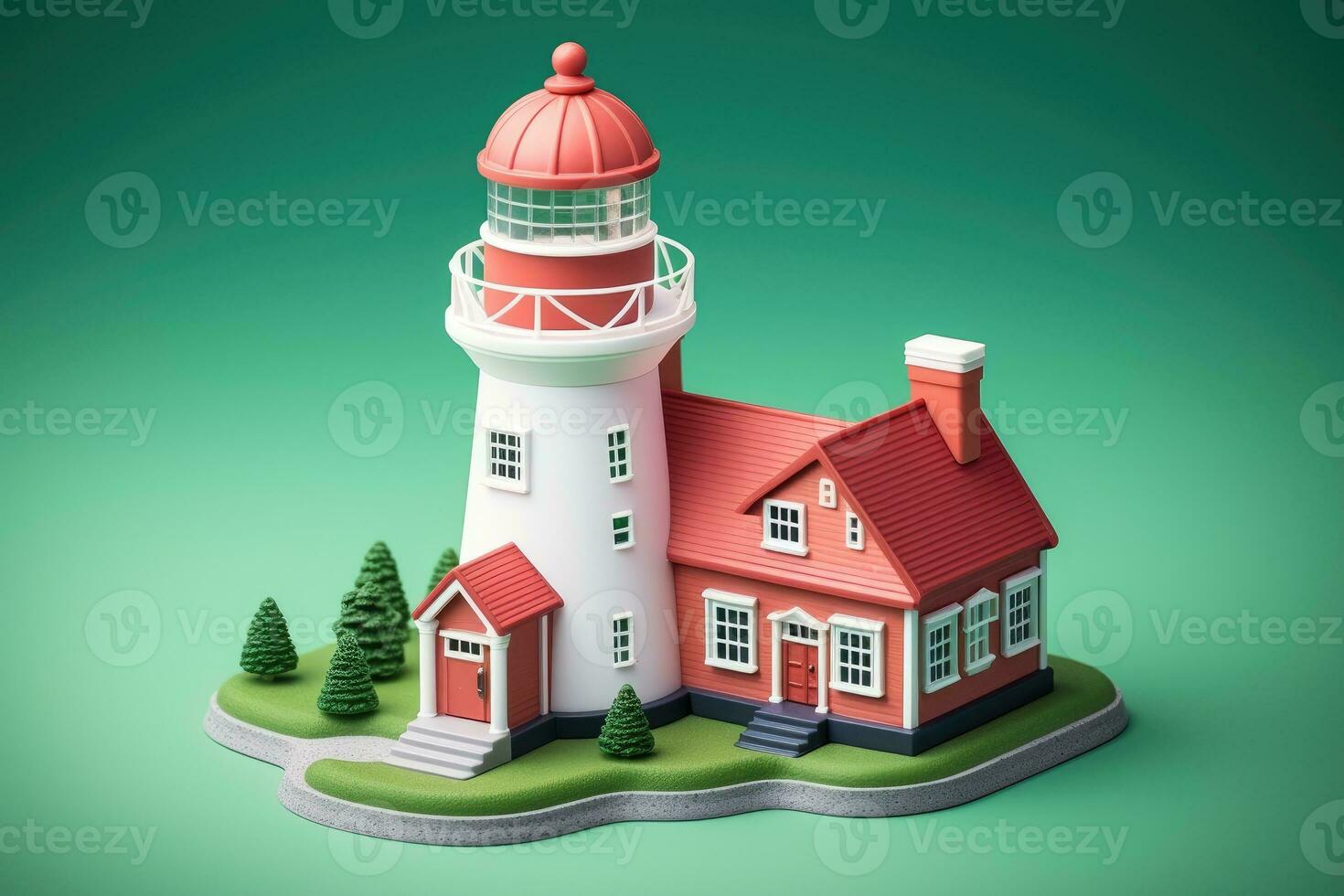 tiny cute isometric red white lighthouse soft smooth lighting AI Generated photo