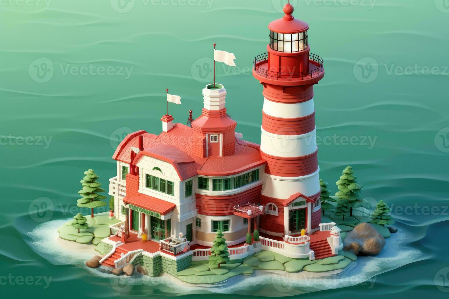 tiny cute isometric red white lighthouse soft smooth lighting AI Generated photo