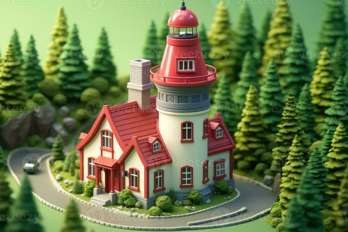 tiny cute isometric red white lighthouse soft smooth lighting AI Generated photo