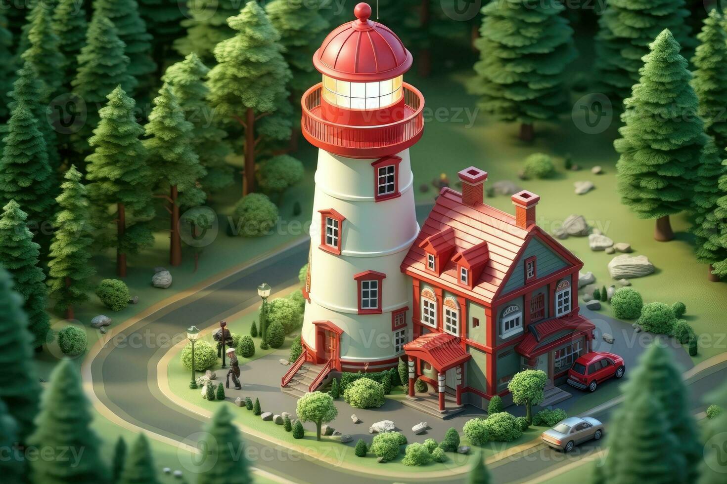 tiny cute isometric red white lighthouse soft smooth lighting AI Generated photo