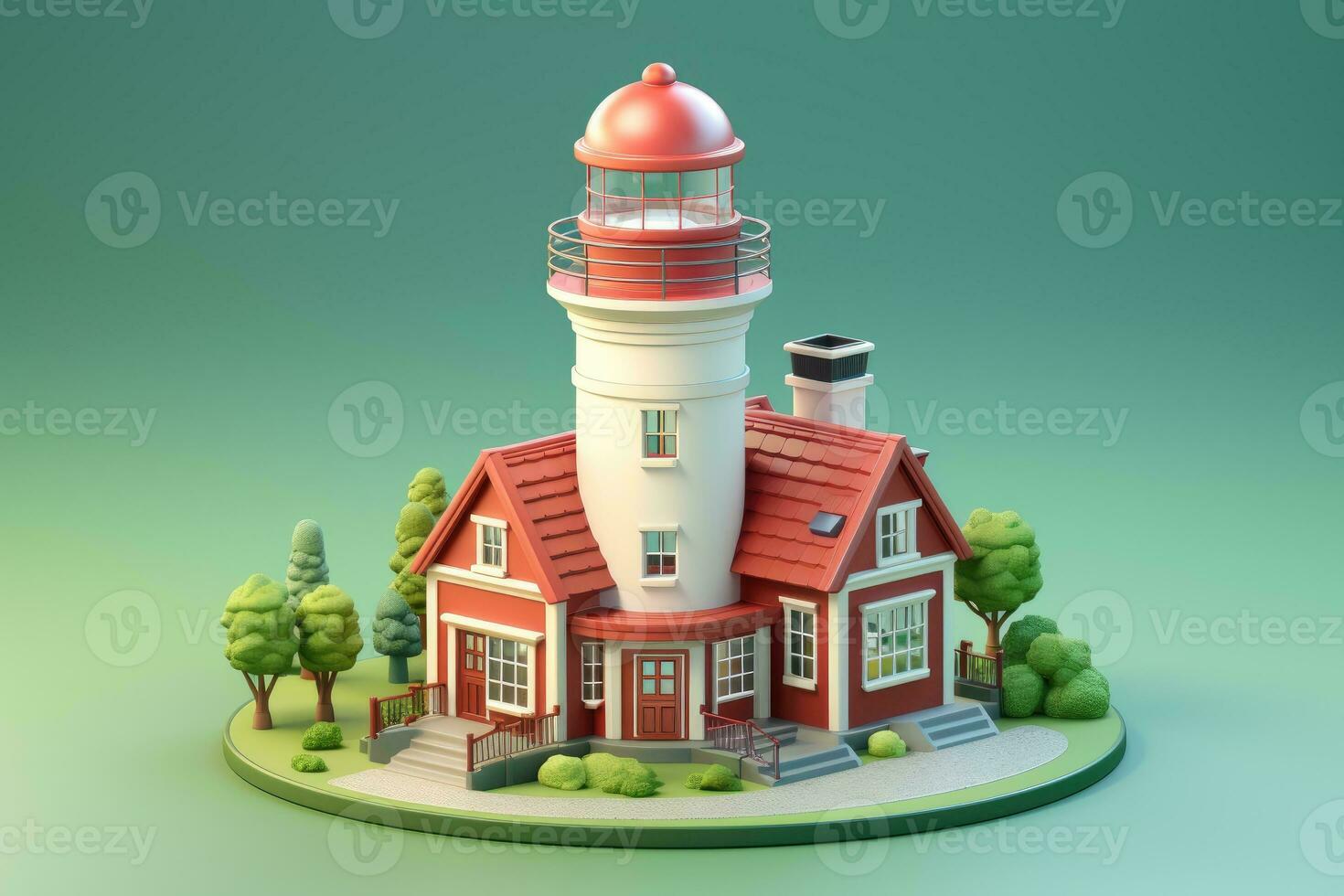 tiny cute isometric red white lighthouse soft smooth lighting AI Generated photo