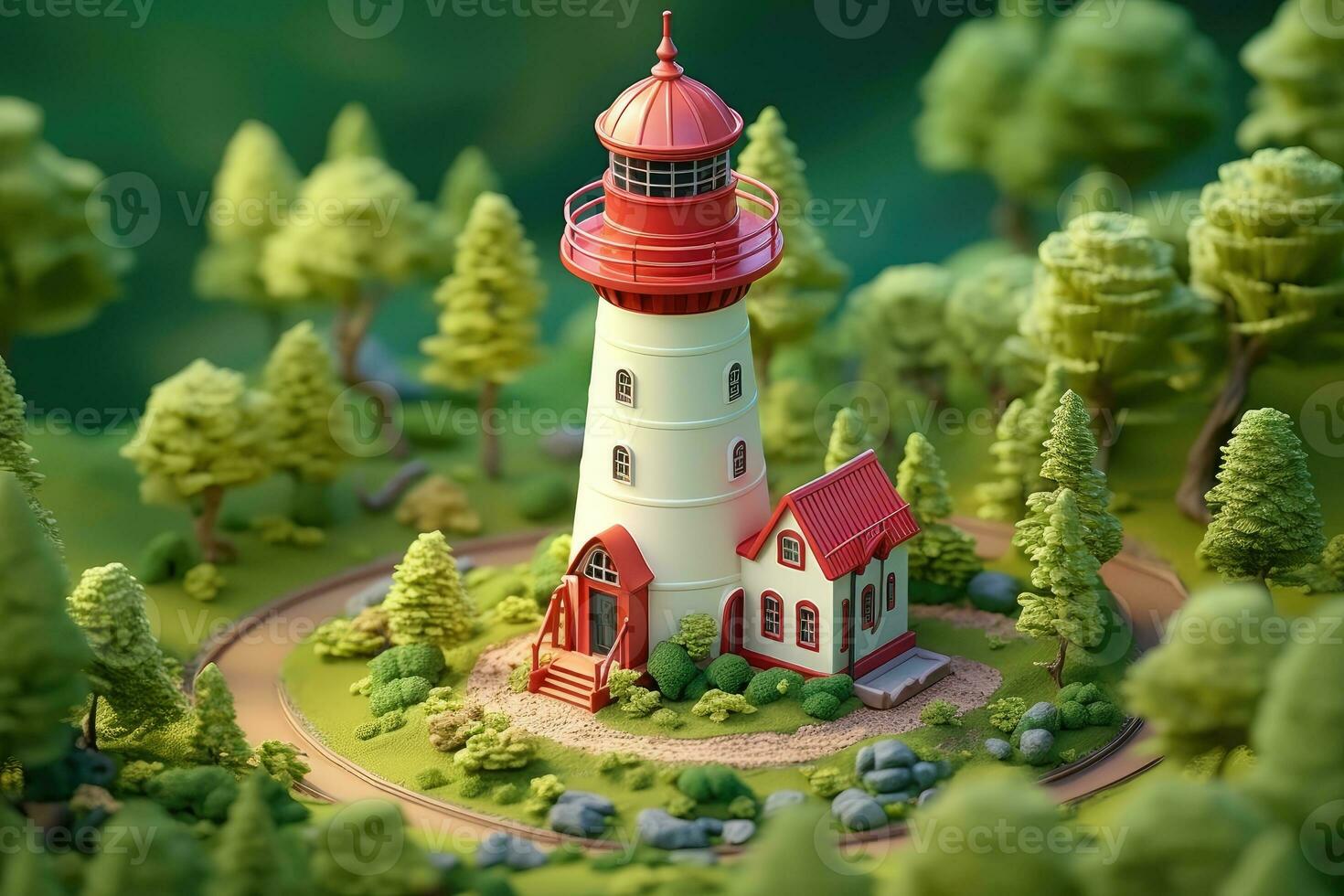 tiny cute isometric red white lighthouse soft smooth lighting AI Generated photo