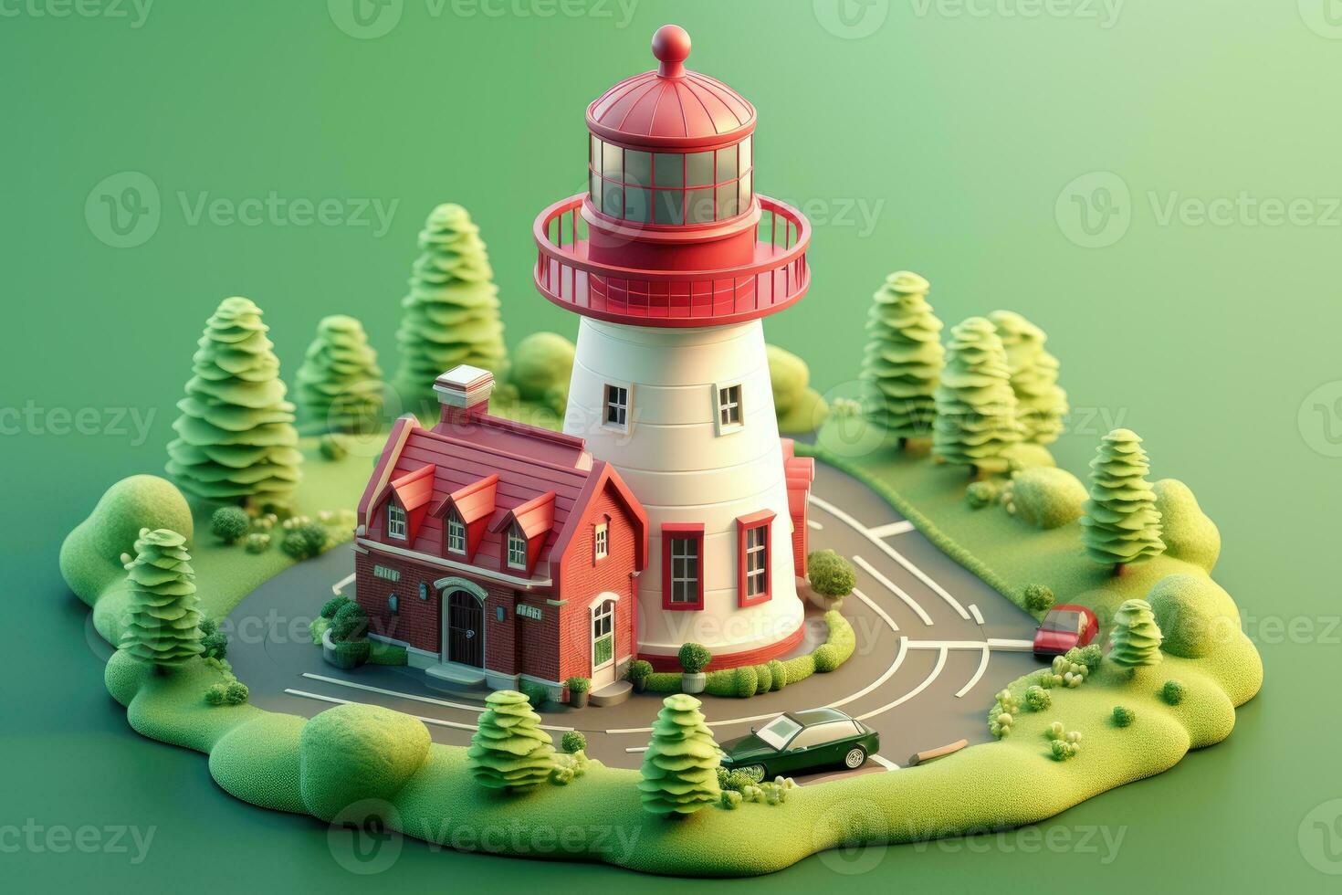 tiny cute isometric red white lighthouse soft smooth lighting AI Generated photo