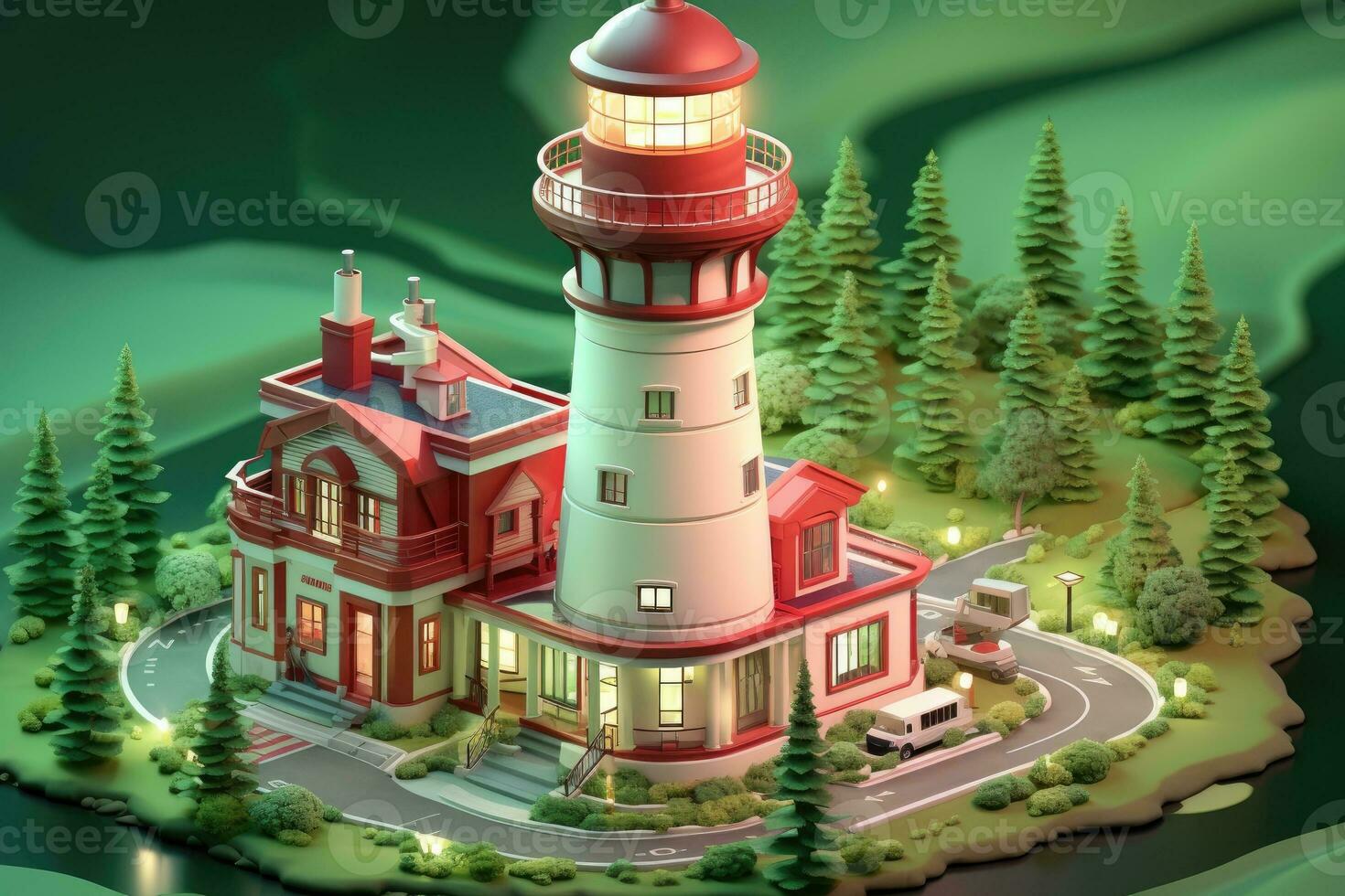 tiny cute isometric red white lighthouse soft smooth lighting AI Generated photo