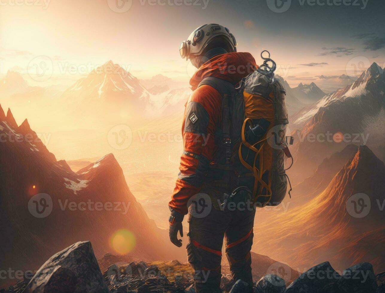Mountaineer with red and yellow alpinist equipment standing at the top of a mountain, overlooking a breathtaking landscape, sunny summer morning. Generative AI photo