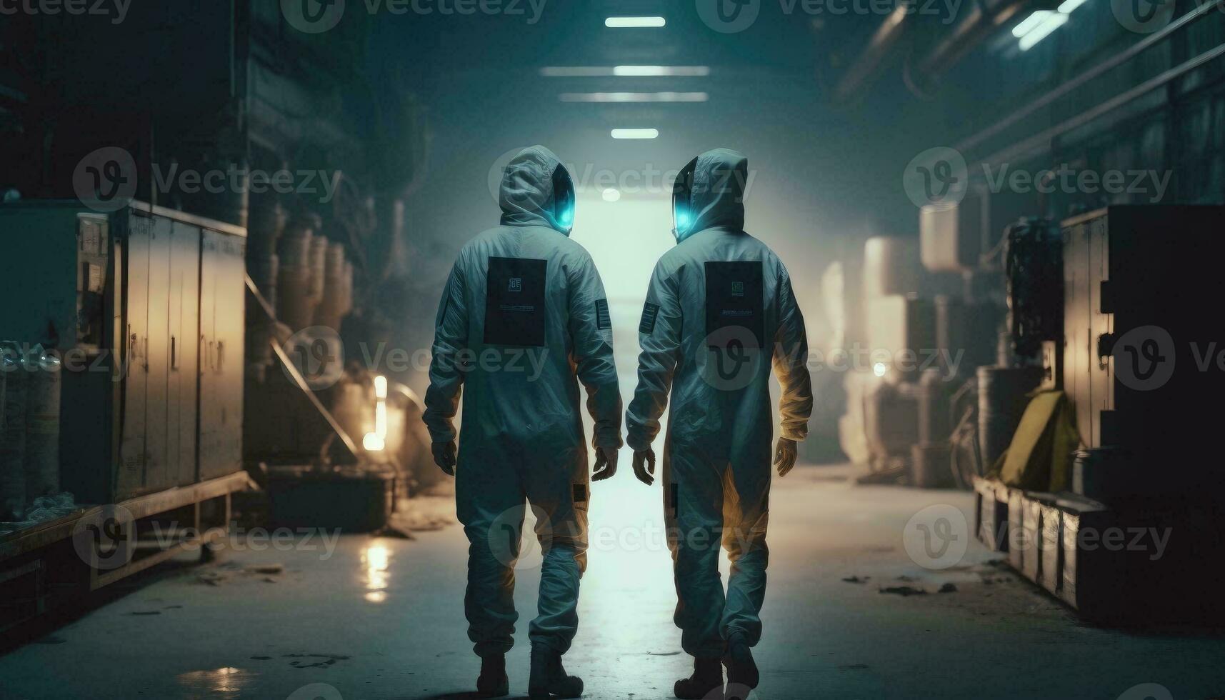 Two Scientists Walking in a Heavy Industry Factory in Sterile Coveralls and Face Masks, Examining Industrial Manufacturing Machine Settings and Configuring Production Functionality. Generative AI photo