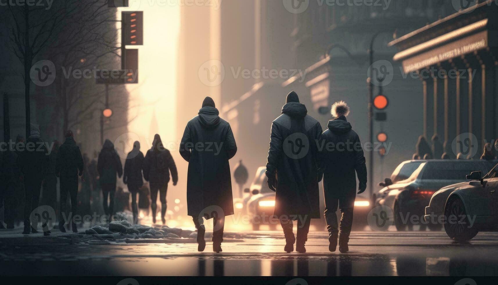 Abstract background of People across the crosswalk at night in Shanghai China. Perfect background image of blurred night street with unrecognizable people and cars in night illumination. Generative AI photo