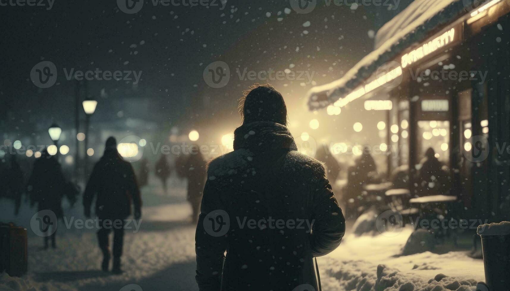 People at the cold winter evening at snowy blizzard. Lifestyle concept. Back view. Climate change concept. Nature disaster. Generative AI photo