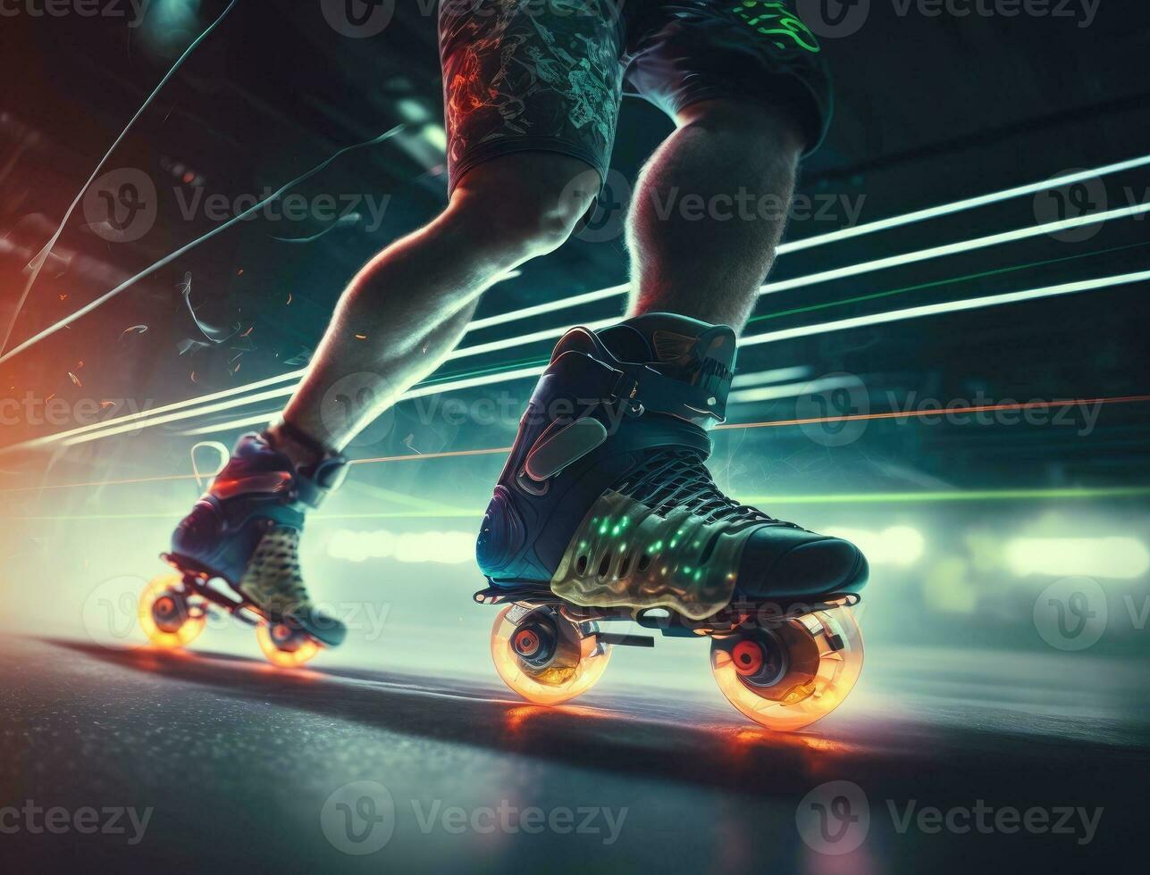 Closeup view of man legs with roller skates at sunset. Futuristic neon lights on background. Creative sport and roller skating lifestyle concept on sunny day. Inline skates sport. Generative AI photo