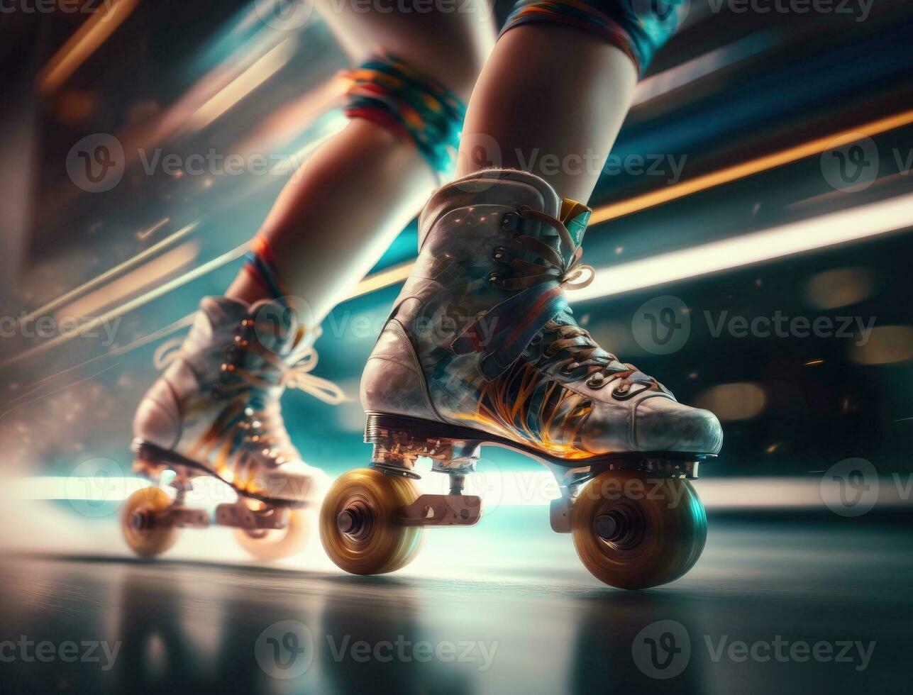 Closeup view of woman legs with roller skates at sunset. Futuristic neon lights on background. Creative sport and roller skating lifestyle concept on sunny day. Inline skates sport. Generative AI photo