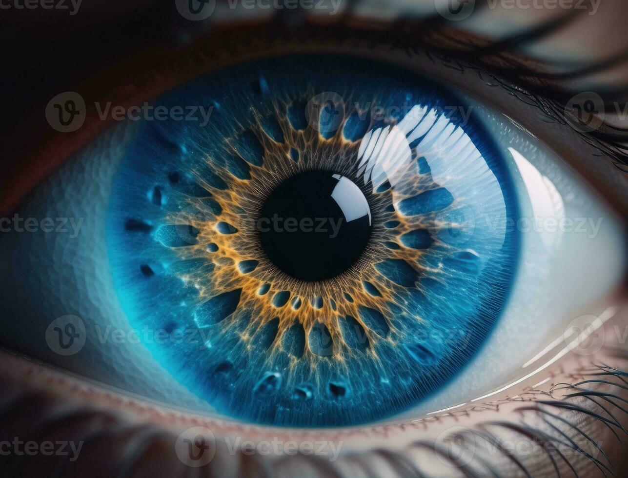 Macro photo of an eye. Beautiful blue man or woman single eye close up. Generative AI