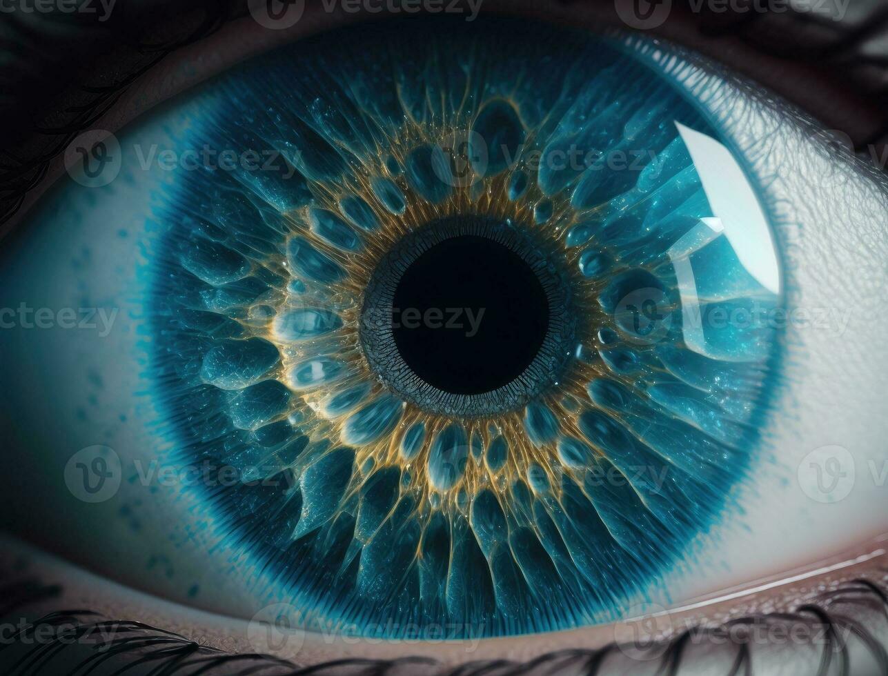 perfect blue eye macro in a sterile environment and perfect vision, concept, the vision of the future and healthy life concept. view precise and straight to the target. Generative AI photo