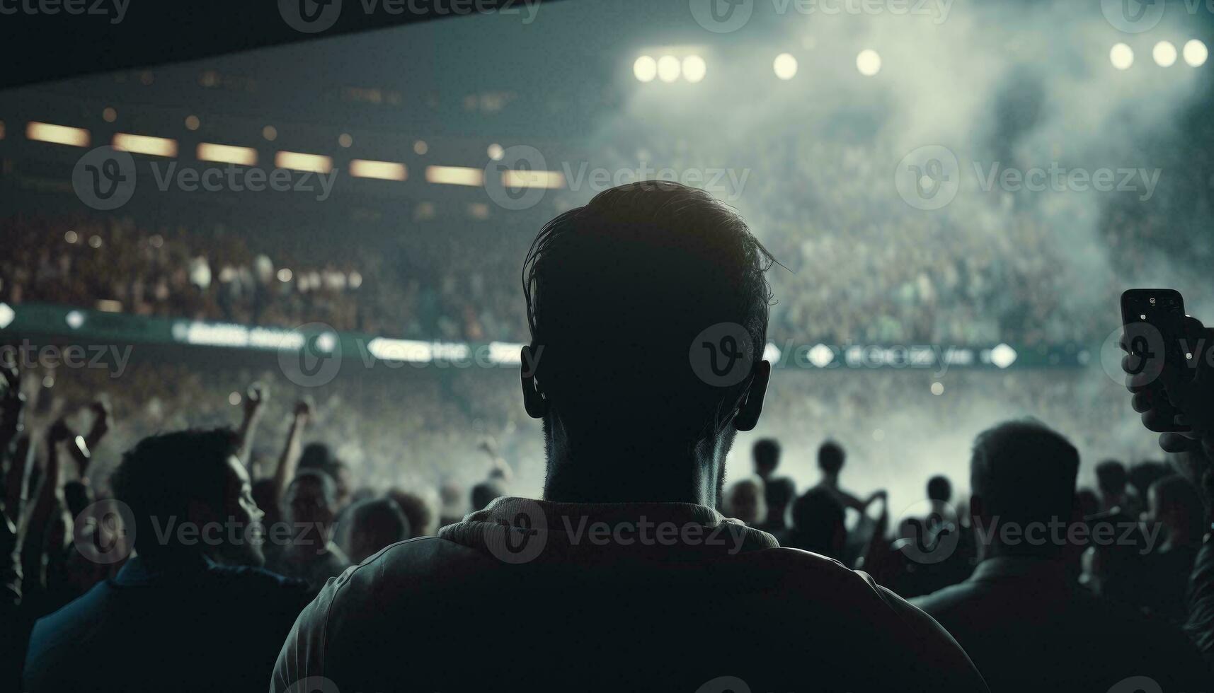 Fans celebrating the success of their favorite sports team on the stands of the professional stadium. view from behind. Shot of Fans Cheer on a Stadium During Soccer Championship. Generative AI photo