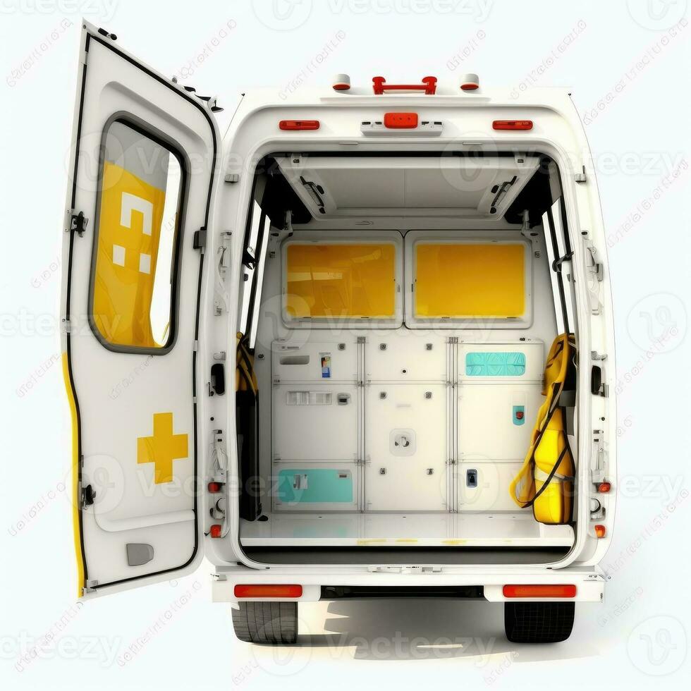 Ambulance with open doors. Emergency equipment and devices, ambulance interior details with necessary patient care equipment. Basic equipment for emergency inside ambulance. Generative AI photo