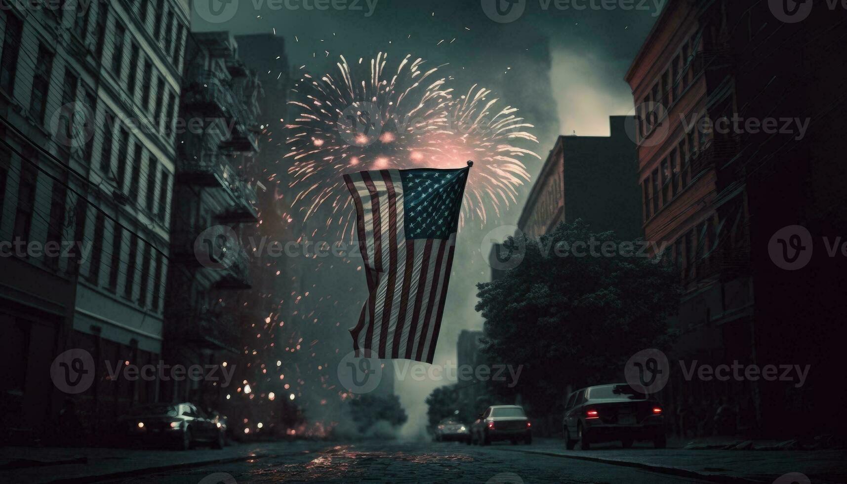 celebrando independencia día. unido estados de America Estados Unidos bandera con fuegos artificiales antecedentes para 4to de julio. generativo ai foto