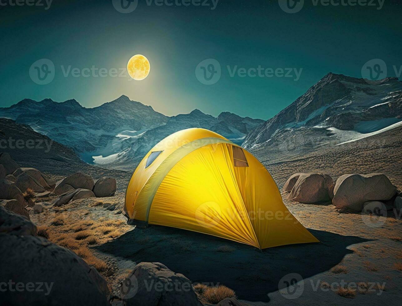 Illuminated Camping Yellow Tent Night High Altitude Alpine Landscape Shining Moon in Dark Blue Sky. Generative AI photo