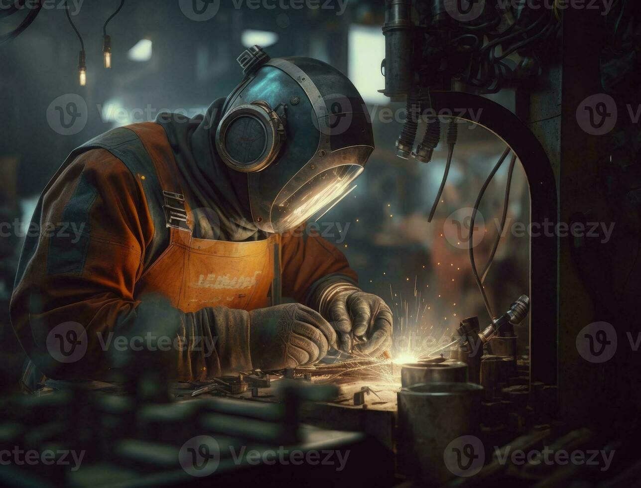 Skillful metal worker working with arc welding machine in factory while wearing safety equipment. Metalwork manufacturing and construction maintenance service by manual labor concept. Generative AI photo