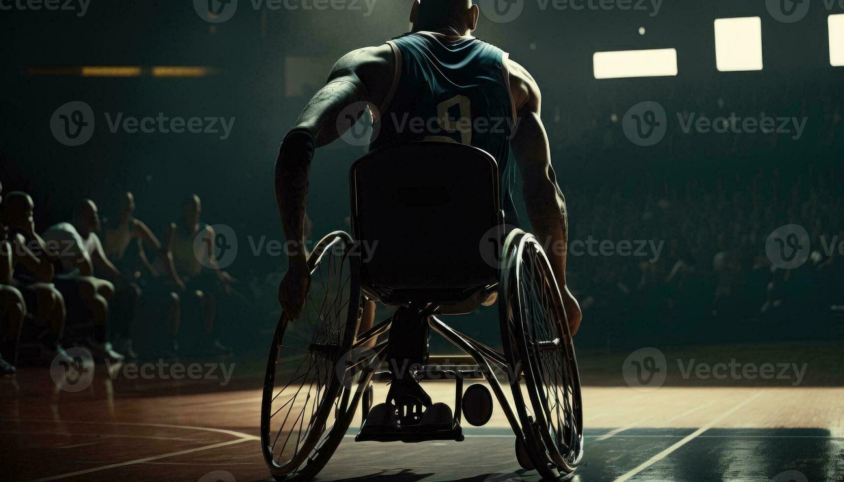 Wheelchair Basketball Player Dribbling Ball Like Professional, Ready to Shoot and Score Goal. Determination, Motivation of Person with Disability Excelling at Team Sport. Back View Shot. Generative AI photo