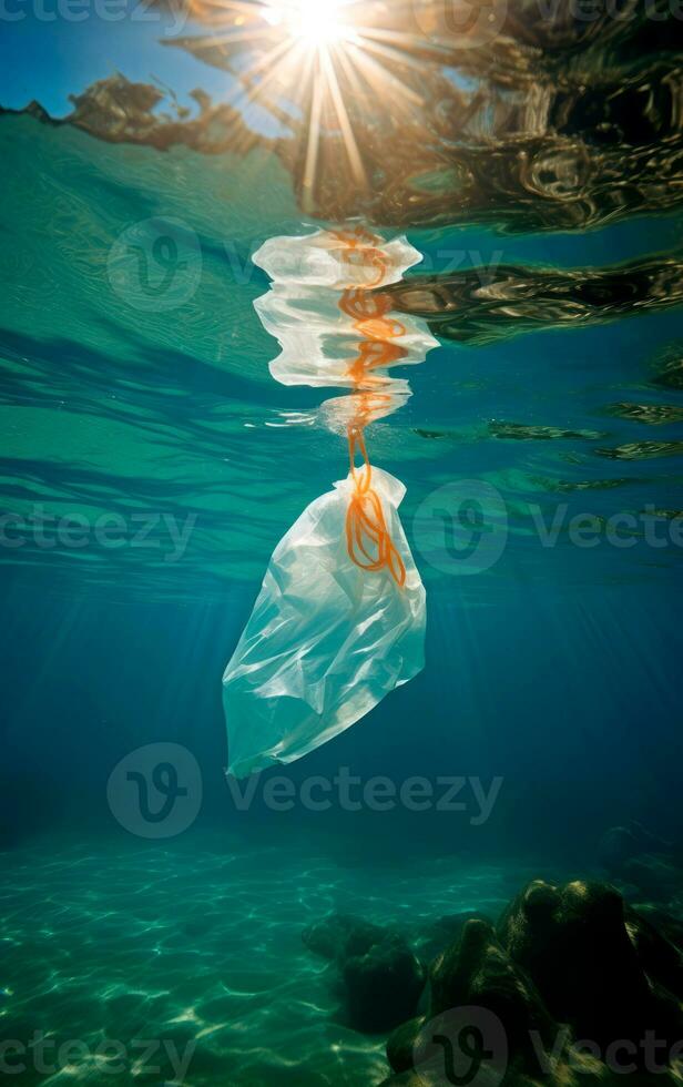 Plastic bag floating in the ocean. AI generative photo