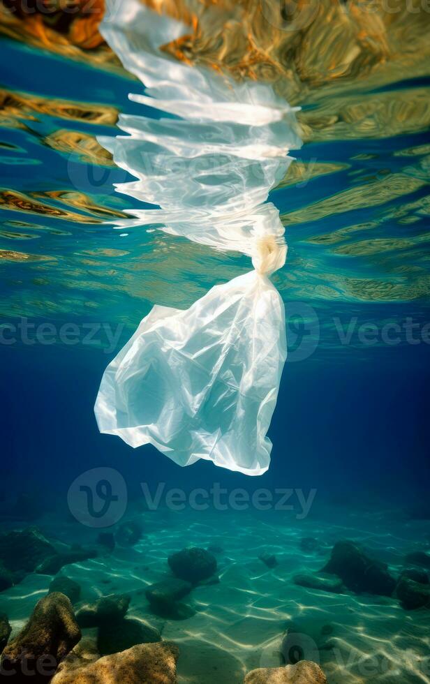 Plastic bag floating in the ocean. AI generative photo